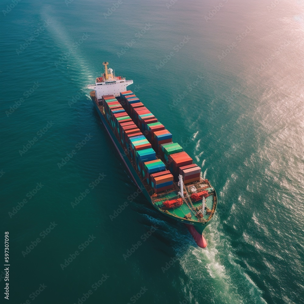 Container ships are used in import and export as well as commercial logistics.By crane, trade port, shipping, and freight to harbor.Aerial perspective.Water transportation.International. generative AI
