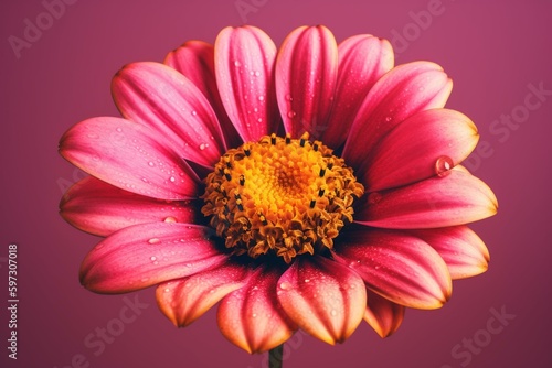 A big pink petalled flower with a yellow center depicted in natural illustration. Generative AI