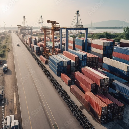  international terminal logistic sea port concept freight transportation by ship, a crane loads cargo containers from trucks to container ships. generative ai