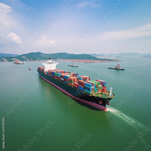 Container cargo ship at industrial port in import export business logistic and transportation of international by container cargo ship in the open sea. generative ai