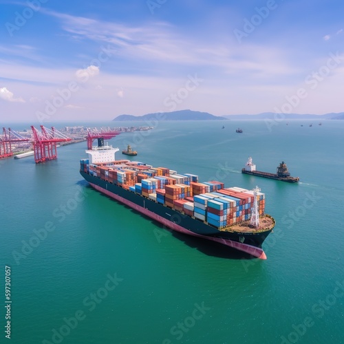container ship in port. The industrial import-export port is getting ready to load containers using a large container loader ship vessel. worldwide logistics and transportation. generative ai