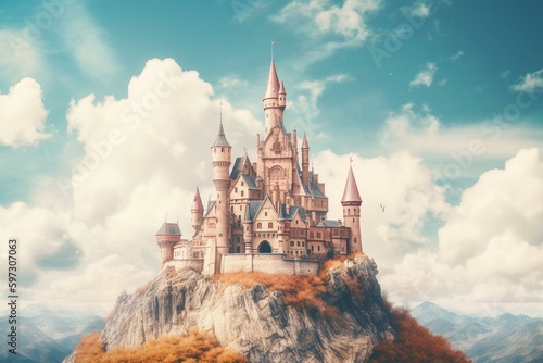 Whimsical castle in watercolor with cloud-filled sky perfect for fairy tales. Generative AI