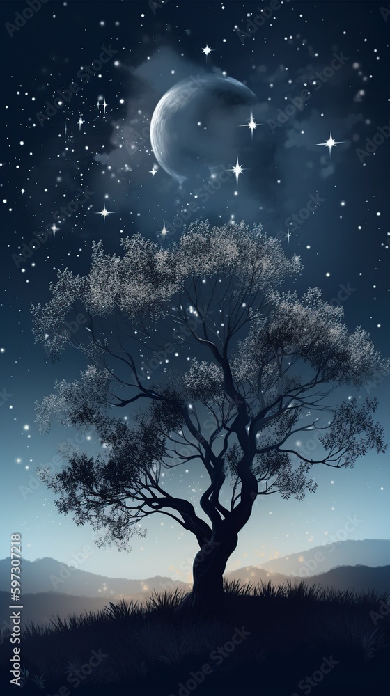 illustration, background with tree and stars in the moonlight, ai generative illustration, background with tree and stars in the moonlight, ai generative