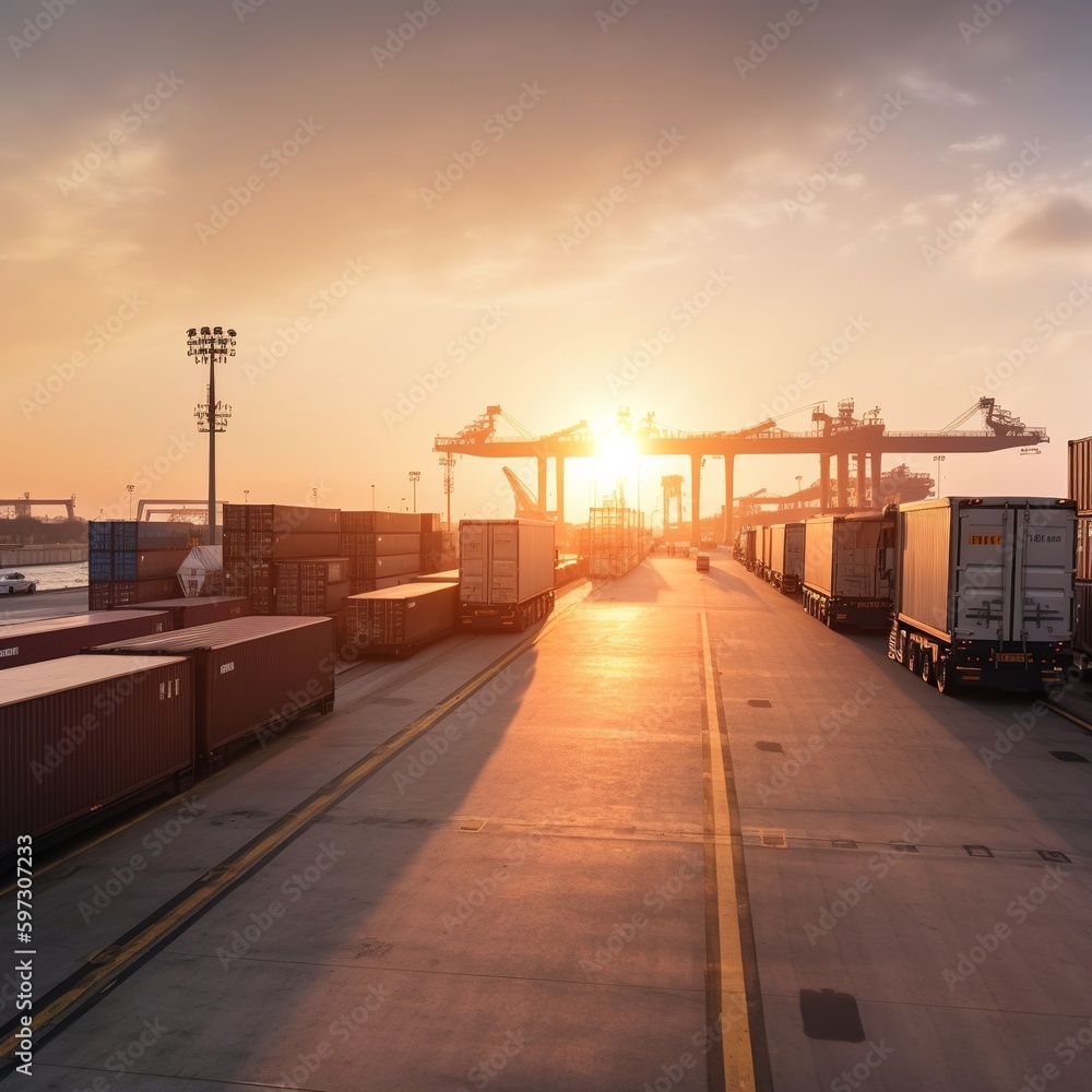 Logistics and transportation of a cargo plane and container ship with a functional crane bridge in a shipyard at dawn. generative ai