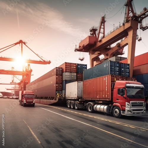 Container truck in ship port for business logistics and transportation of container cargo ship and cargo plane with working crane bridge in shipyard. generative AI
