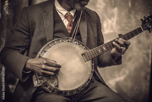 An artistic portrait of an immigrant musician with their banjo. The musician is seated and holding their banjo while wearing a hat and jacket. Generative Ai