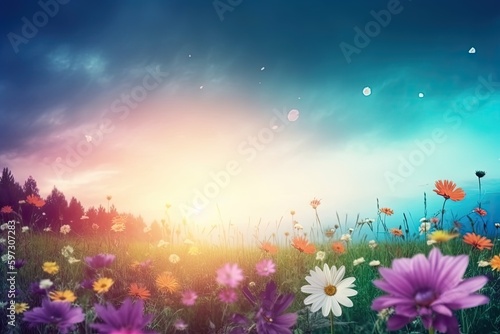 picturesque field of purple and white flowers under a bright blue sky. Generative AI © 2rogan