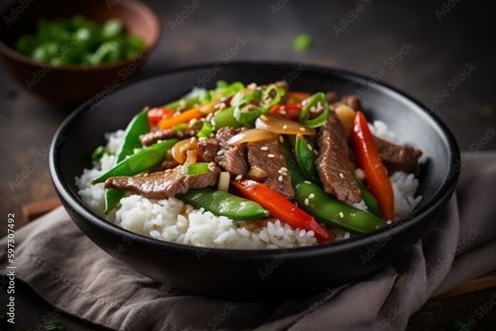 A nourishing bowl of beef and vegetable stir fry with fluffy rice. Generative AI