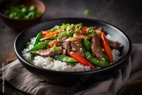 A nourishing bowl of beef and vegetable stir fry with fluffy rice. Generative AI