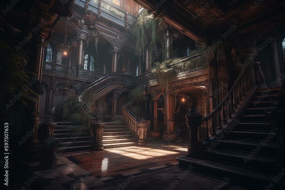 Glimmering fantasy palace with a dark, imaginative interior. Perfect for fictional backdrops and concept art pieces. Generative AI