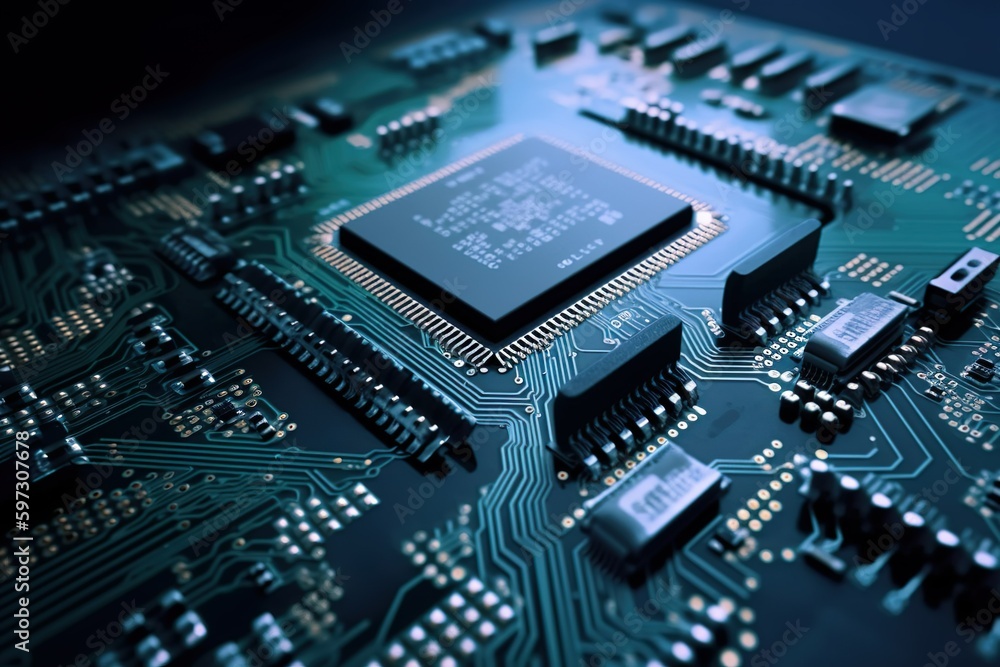 An electronic based circuit board and the CPU in the style of dark navy and sky-blue created with Generative AI technology An electronic based circuit board and the CPU in the style of dark navy and sky-blue created with Generative AI technology