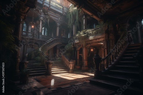 Glimmering fantasy palace with a dark, imaginative interior. Perfect for fictional backdrops and concept art pieces. Generative AI