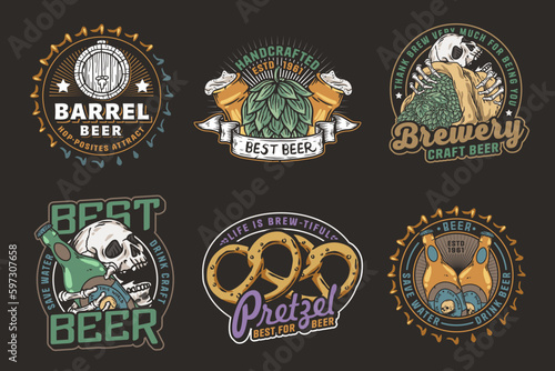 Beer set of brew emblems or craft beer logos with beer cap, can, hop, skeleton and bottle. Labels or prints with skull, beer glass and barly for bar, pub or brewery shop
