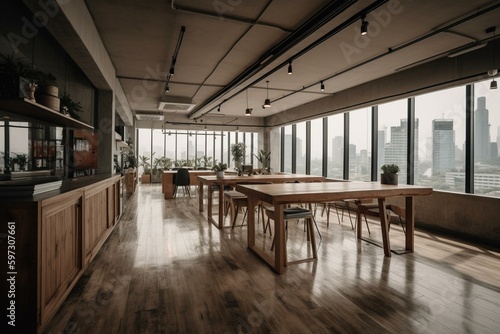Contemporary co-working hub with ample space & city skyline vista. Wooden & concrete finishes, flooded with natural light. Law & business theme. Generative AI