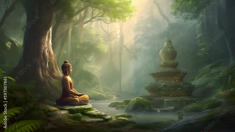 meditating buddha in forest sitting in lotus position meditating buddha in forest sitting in lotus position