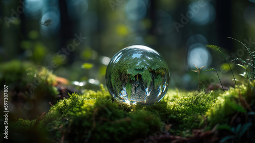 Environment. Glass Globe On Grass Moss In Forest - Green Planet With Abstract Defocused Bokeh Lights - Environmental Conservation Concept, generative ai