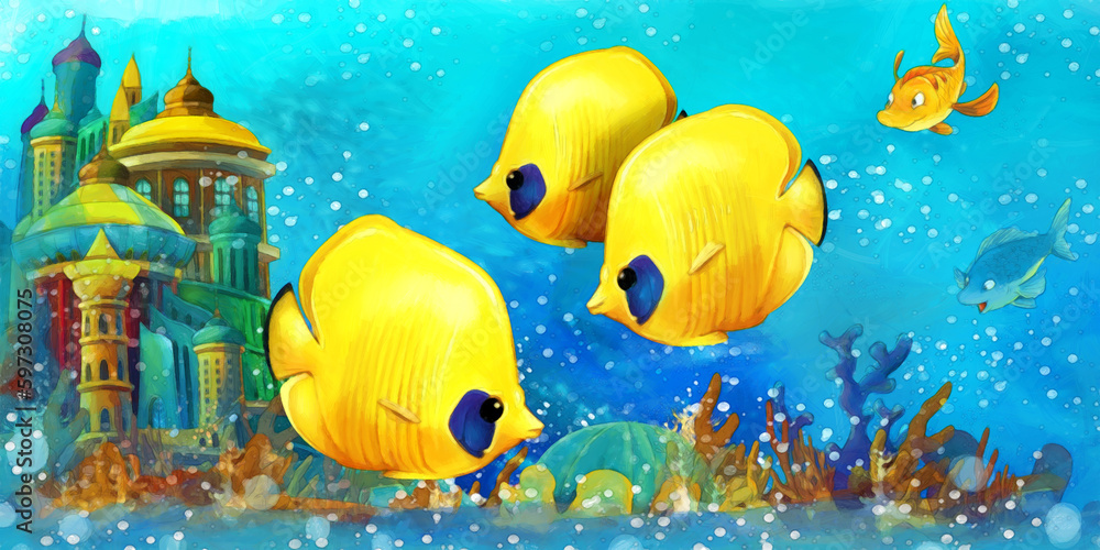 Fototapeta premium cartoon scene with fishes in the beautiful underwater kingdom coral reef - illustration for children artistic painting scene