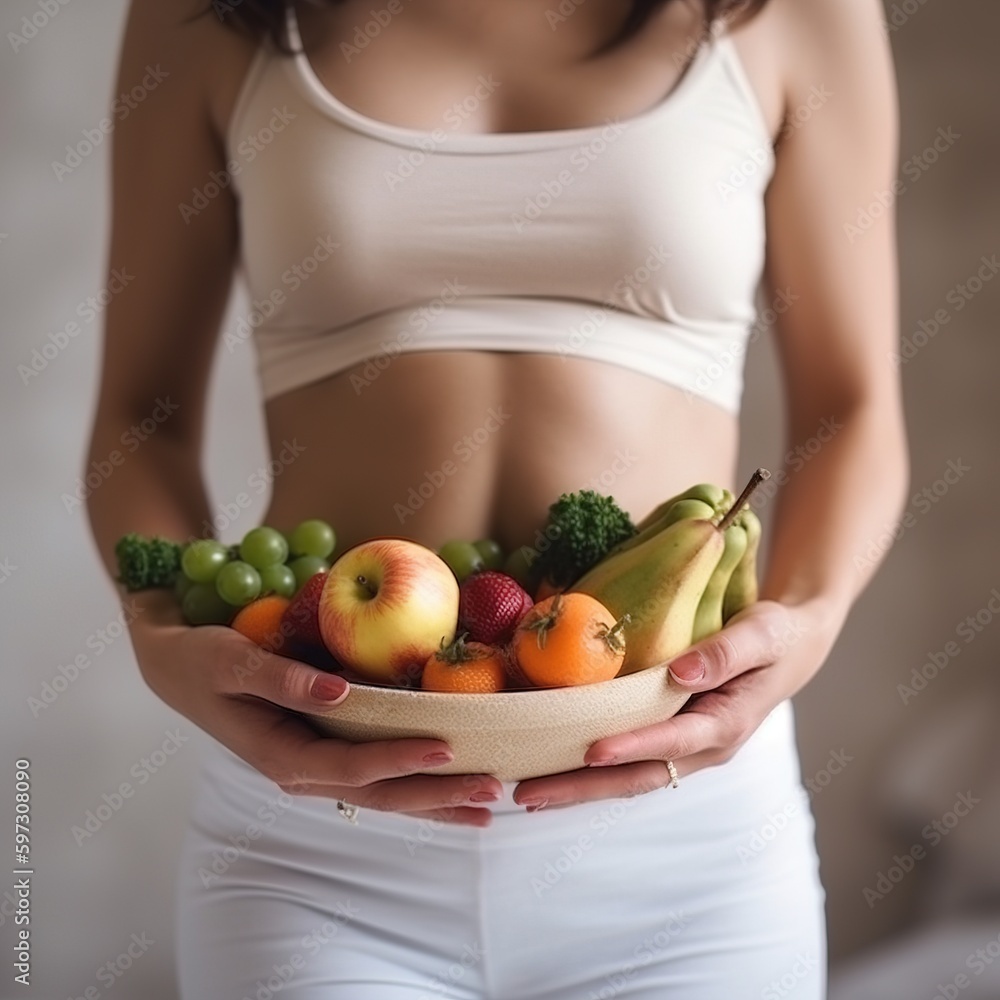 Hands on stomach in the studio, diet. female abdomen, love fingers, and belly on white background for digestion, body balance, and healthy weight loss goals. generative ai Hands on stomach in the studio, diet. female abdomen, love fingers, and belly on white background for digestion, body balance, and healthy weight loss goals. generative ai