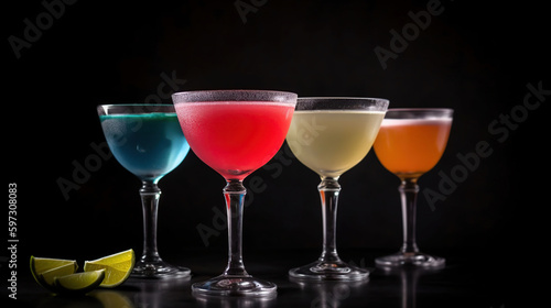 Glasses of cold tasty daiquiri cocktail on dark background, generative ai