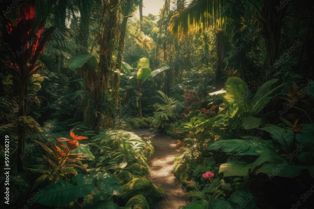 A path winds through a lush forest filled with vibrant green plants and trees, with sunlight shining through the leaves and foliage. Generative Ai