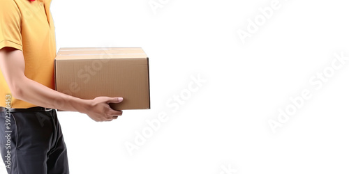 Closeup hands of delivery man holding package to deliver. Courier holding cardboard box isolated on transparent background. Delivery service. Generative AI.