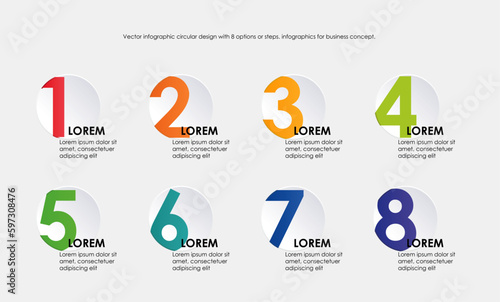 Vector Infographic label design with 8 options or steps in a circle. Infographics for business concept. Can be used for presentations banner, workflow layouts, process diagrams, flow char