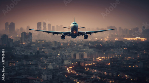 Airplane flying above tropical sea at amazing sunset, generative ai