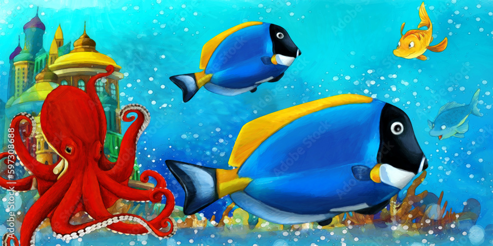 Fototapeta premium cartoon scene with fishes in the beautiful underwater kingdom coral reef - illustration for children artistic painting scene