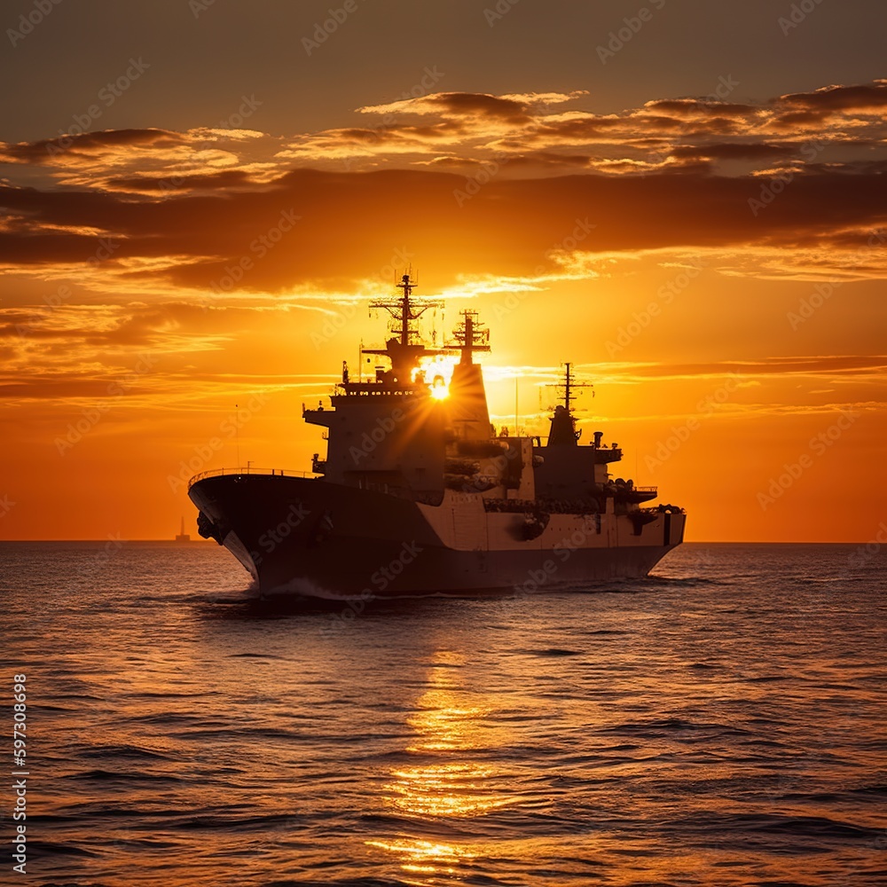military ship on sunset. generative ai military ship on sunset. generative ai