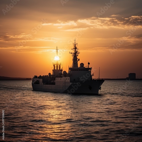 battleship on sunset. generative ai