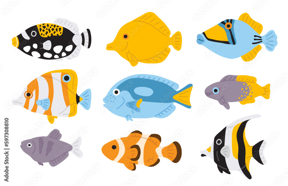 Naklejka premium Vector illustration set of cute doodle fishes for digital stamp,greeting card,sticker,icon,summer design