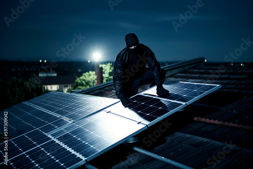 A thief steals the solar panels in a house at night Generated AI image 