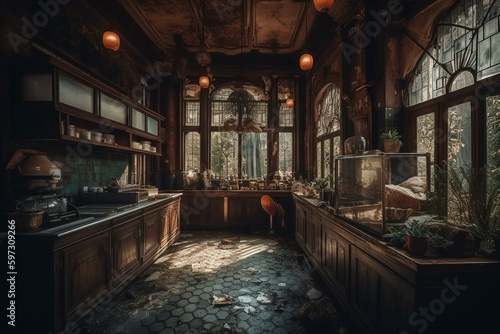 Deserted café in a dystopia. Generative AI © Cybele