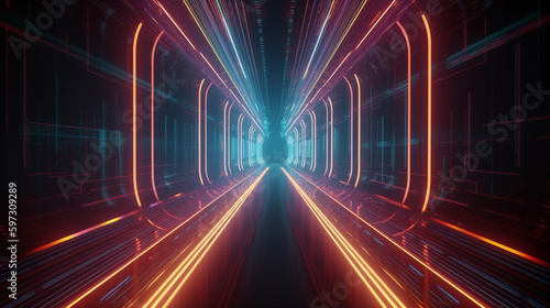 Bright Neon Lights and Lines in Abstract Technology Tunnel Generative AI