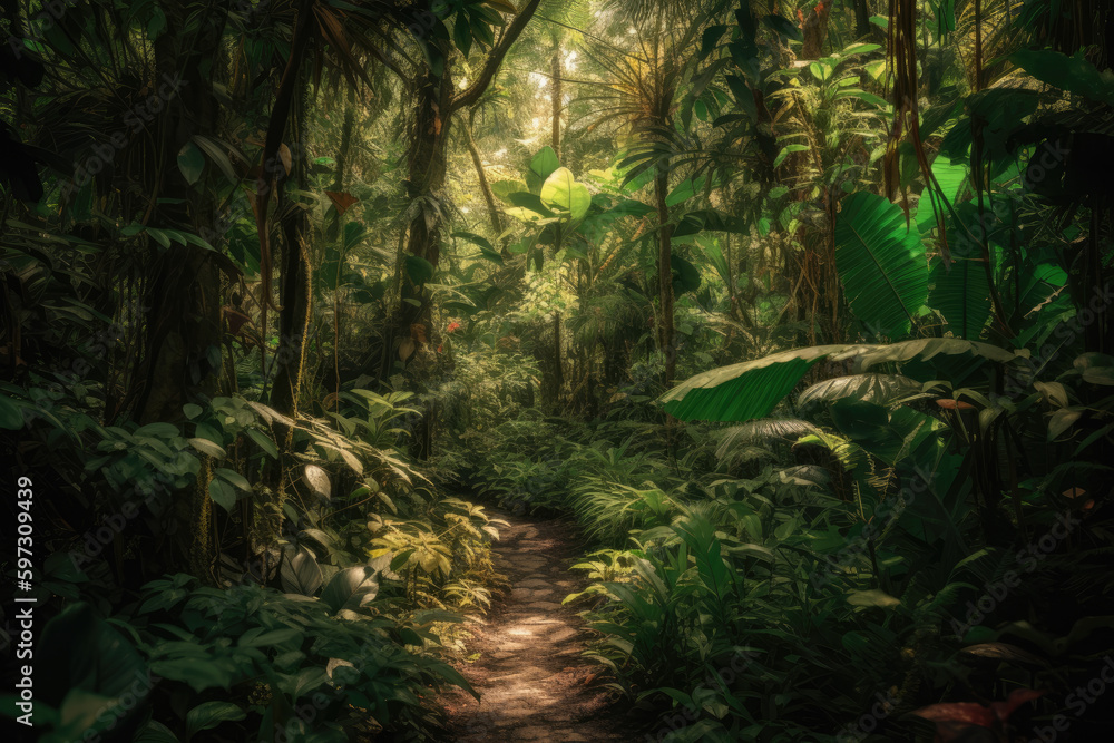 A path winds through a vibrant jungle filled with lush green foliage and surrounded by tropical trees and plants. Generative Ai