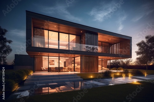 Contemporary house with stunning day-to-night transformation. Generative AI