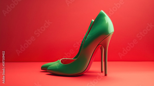 Red high heels isolated on a bright green pastel background. A modern and fashionable shoe store, generative ai