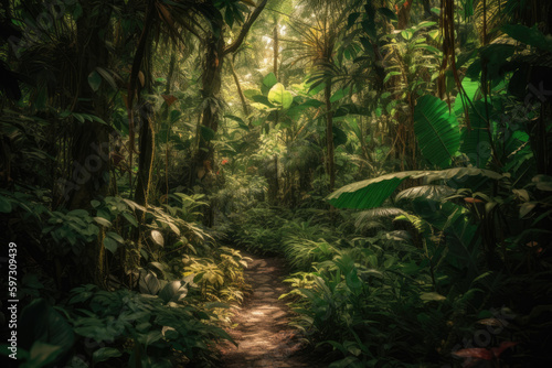 A path winds through a vibrant jungle filled with lush green foliage and surrounded by tropical trees and plants. Generative Ai