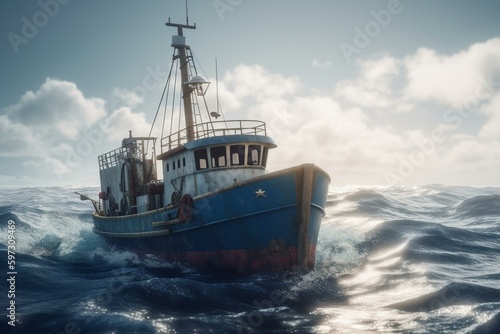 3D rendered small fishing vessel in the sea. Generative AI