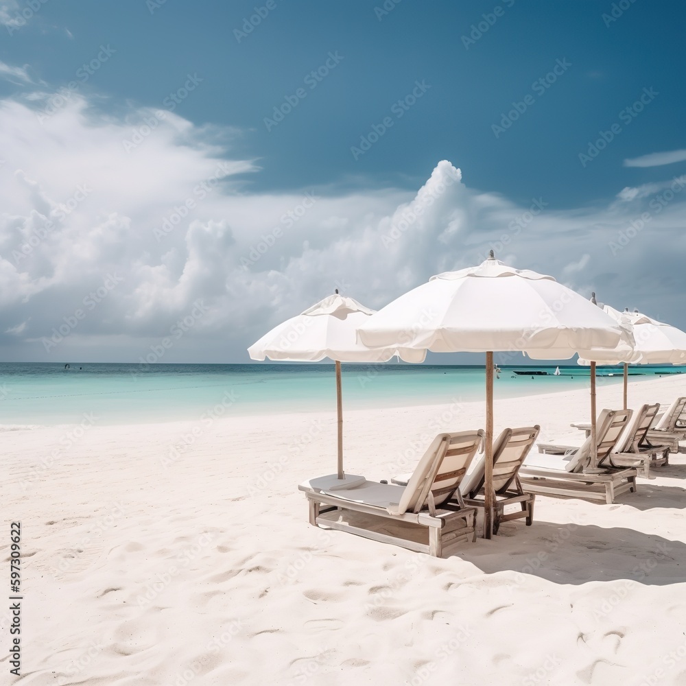 Background concept of travel tourism with white sand, chairs, and umbrella. generative ai