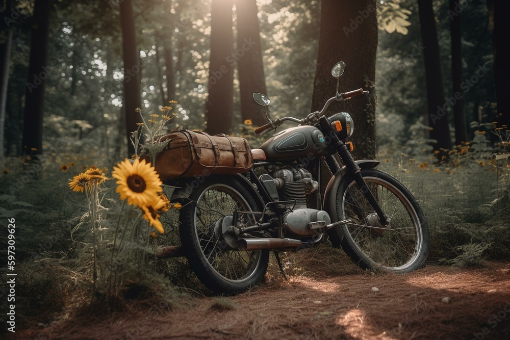 A bike with flower basket parked next to a tree in a forest surrounded by sunflowers. Generative AI