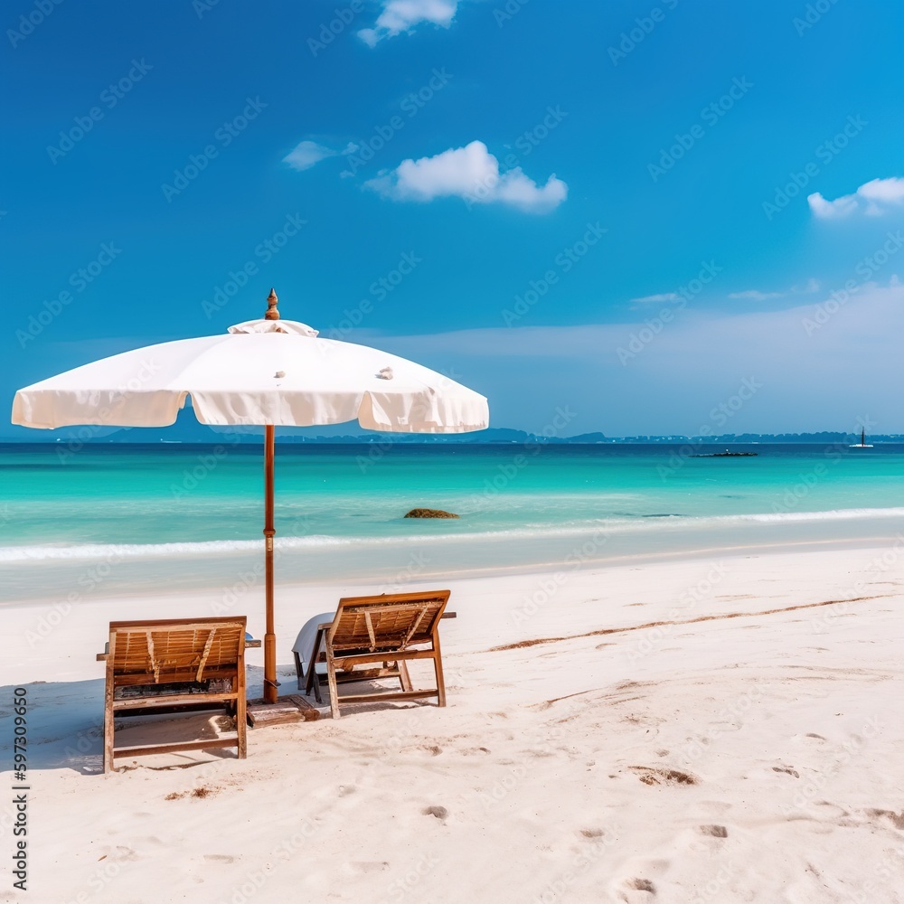 Beautiful beach banner. White sand, chairs and umbrella travel tourism wide panorama background concept. generative ai