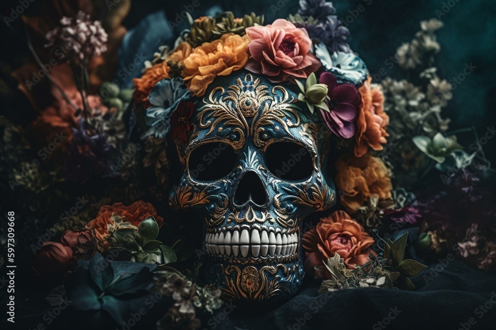 Colorful skull and masks adorned with flowers for ceremonial use. Generative AI