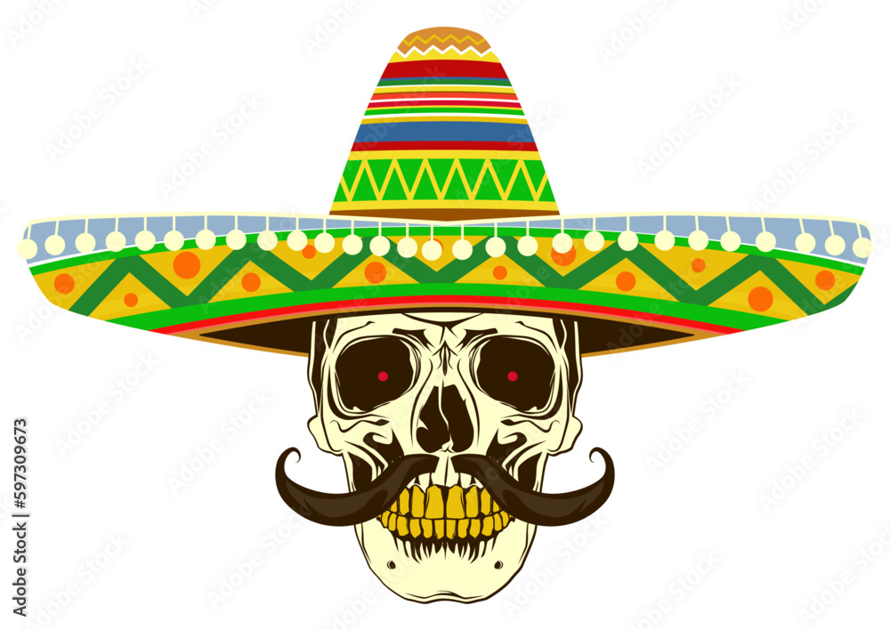 Skull with a sombrero on celebrating Cino de Mayo. Vector.