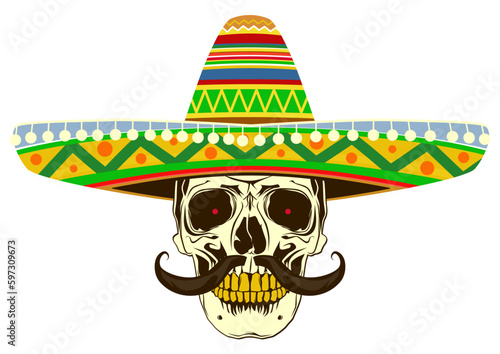 Skull with a sombrero on celebrating Cino de Mayo. Vector.