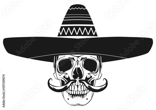 Skull with a sombrero on celebrating Cino de Mayo. Vector.