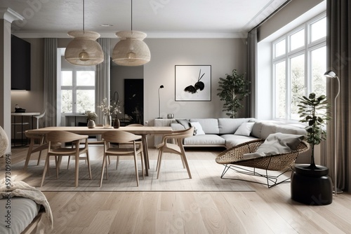 Modern Scandinavian apartment's interior design with living and dining room. Panoramic 3D rendering. Generative AI