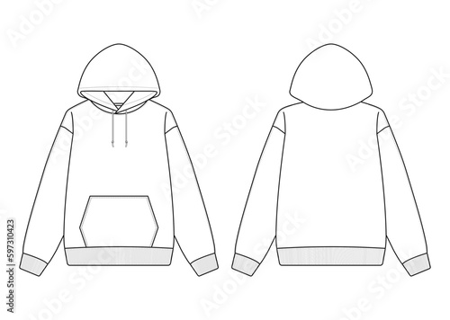 Blank White Hoodie Mock-Up Template on White Background, Front and Back View	