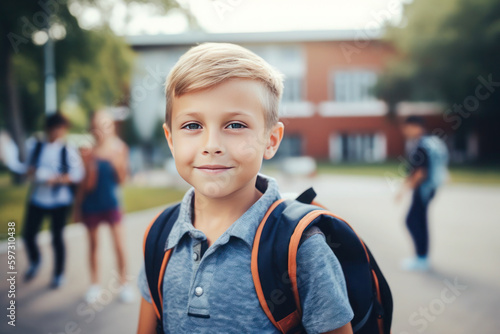Young smiling boy ready to back to school, AI generated