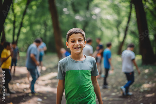 Young smiling boy in the summer camp, AI generated